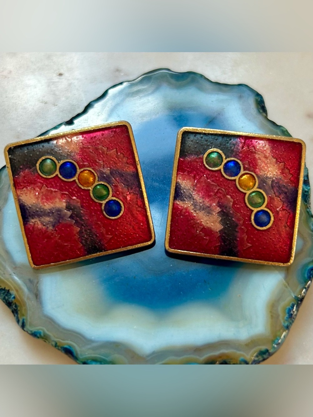 Retro Enamel Multi-Colored Earrings Vintage Pierced